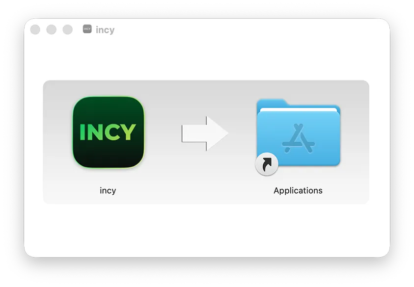 Окно установки: значок Incy и папка «Программы»