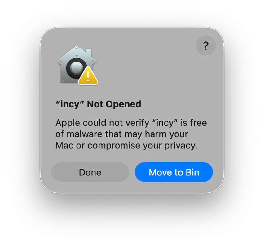 Предупреждение macOS о первом запуске Incy